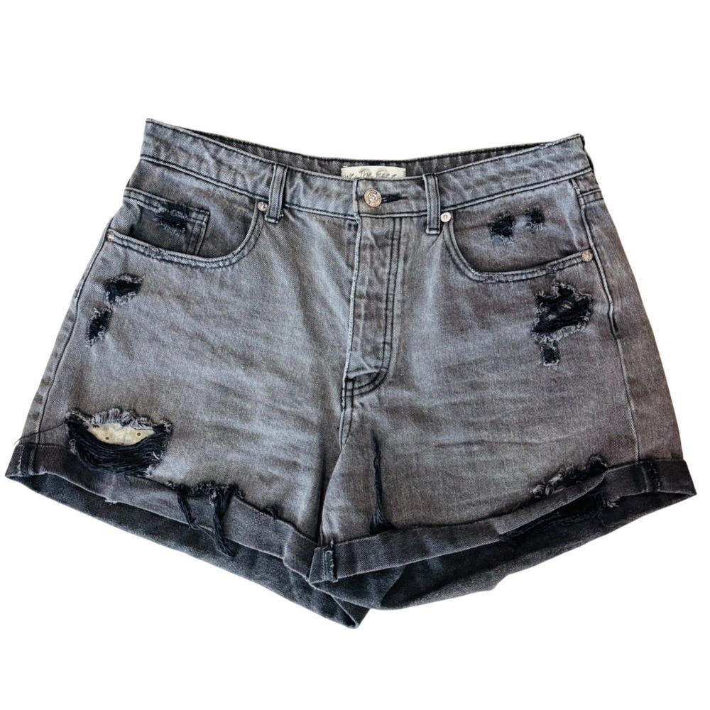 High-Rise Distressed Black Denim Shorts Free People Curvy crvy